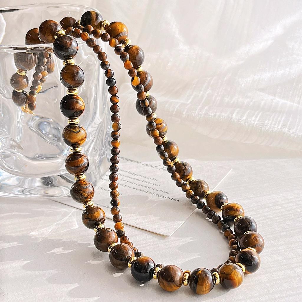 French Natural Boutique Tiger'S Eye Stone Design Double-Layer Necklace Collarbone Chain Female