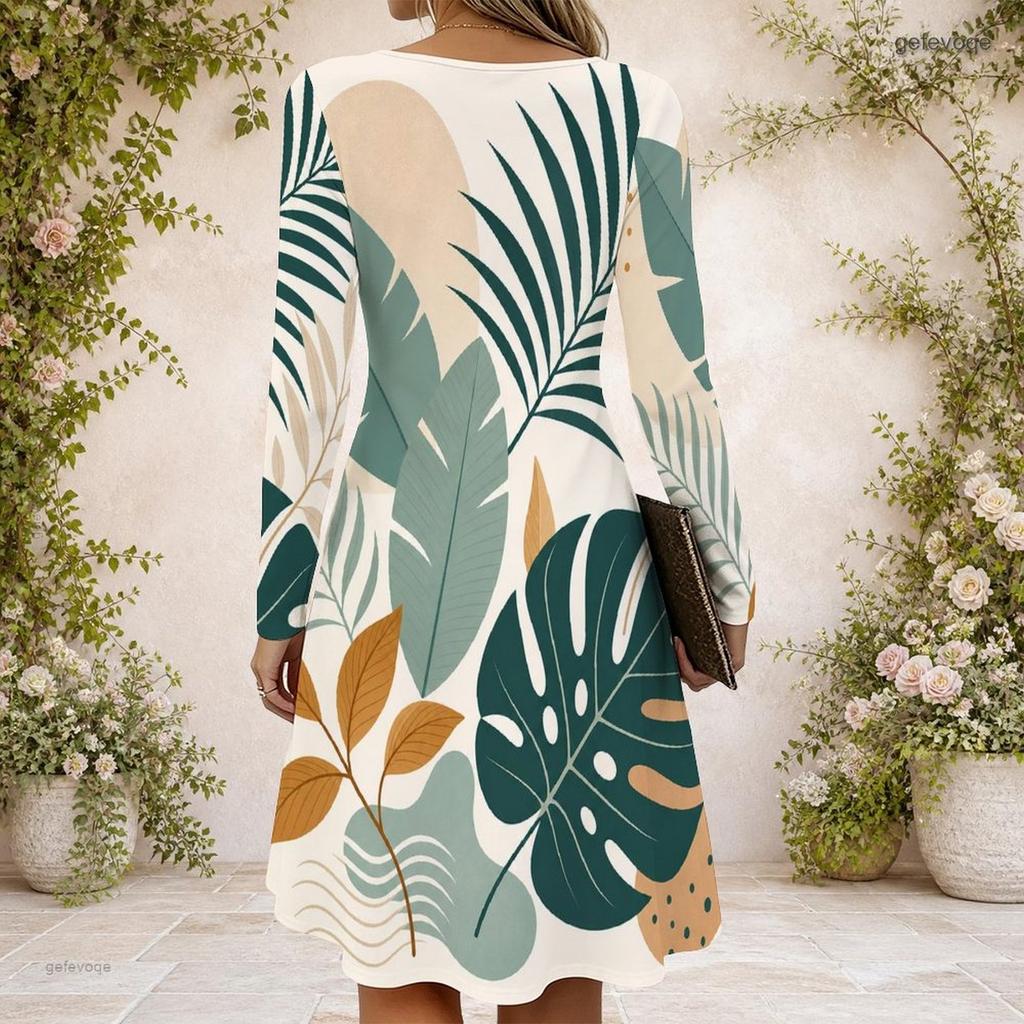 Women Criss Cross V Neck Long Sleeve Tropical Leaf Printed Fitted Curved Hem Dress