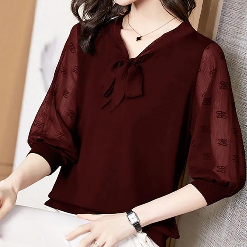

Elegant Fashion Solid Patchwork Drawstring Chiffon Shirt Autumn V-Neck Half Sleeve Loose Pullovers Blouse Women s Clothing L бордовий