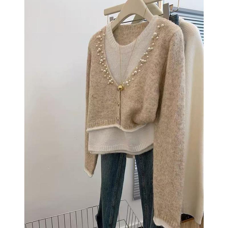 

Crew neck sequined splicing sweater cardigan women s autumn new loose and thin versatile knitted jacket one size fits all абрикосовий