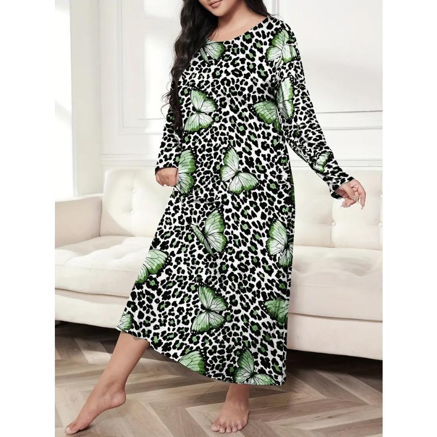 Long Sleeve Butterfly Heart Leopard Print Sleeping Dresses Casual Women Drop Shoulder Oversized Long Sleepwear Dress
