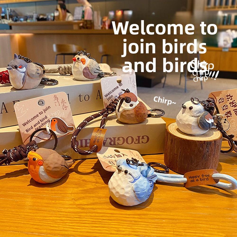 Porta-Chaves Animal Chapim Azul Cinzento Desenho Animado Pássaro Pérola Chaveiro Imitação Escultura em Madeira Chaveiro Crianças