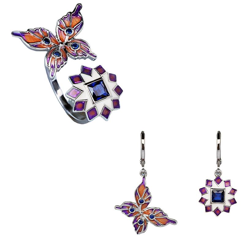 2pcs  for Women Fashion Butterfly Flower Red Green Ring Earrings Handmade Enamel  Set Party Wedding