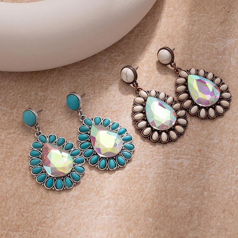 Diamond Turquoise Earrings Retro Western Ethnic Style Alloy Exaggerated Water Drop Earrings Bohemian Earrings