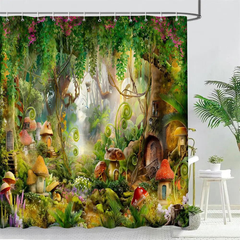 Fantasy Forest Mushroom House Shower Curtain Pretty Cartoon Pattern Polyester Fabric Kids Bath Curtain Bathroom Decor With Hooks
