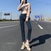 Jeans da donna a vita alta blu-grigio dritti a sigaretta, taglia grande, slim-fit, elasticizzati, lunghezza alla caviglia