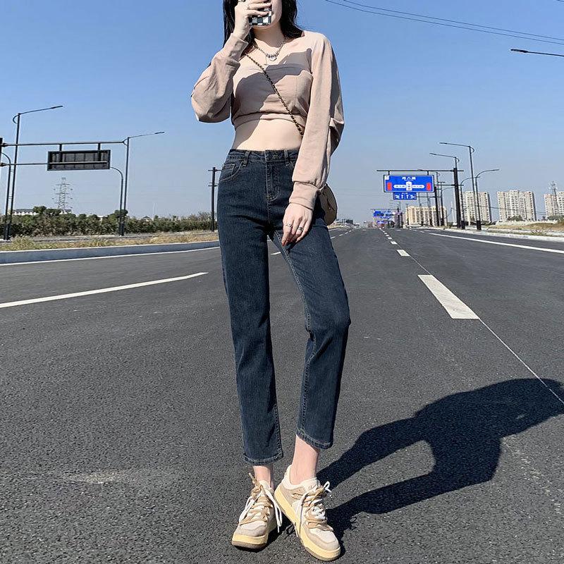 Jeans da donna a vita alta blu-grigio dritti a sigaretta, taglia grande, slim-fit, elasticizzati, lunghezza alla caviglia