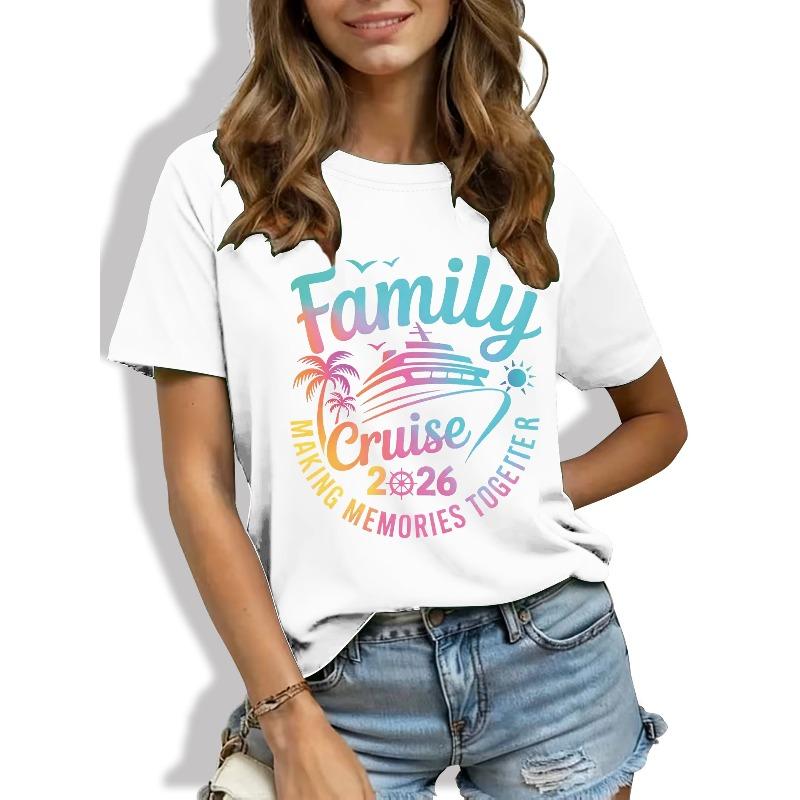 Women s Family Cruise Printed T-Shirt - Soft Machine-Washable Round Neck Top with Cruise-Themed Nautical Graphics, S белый