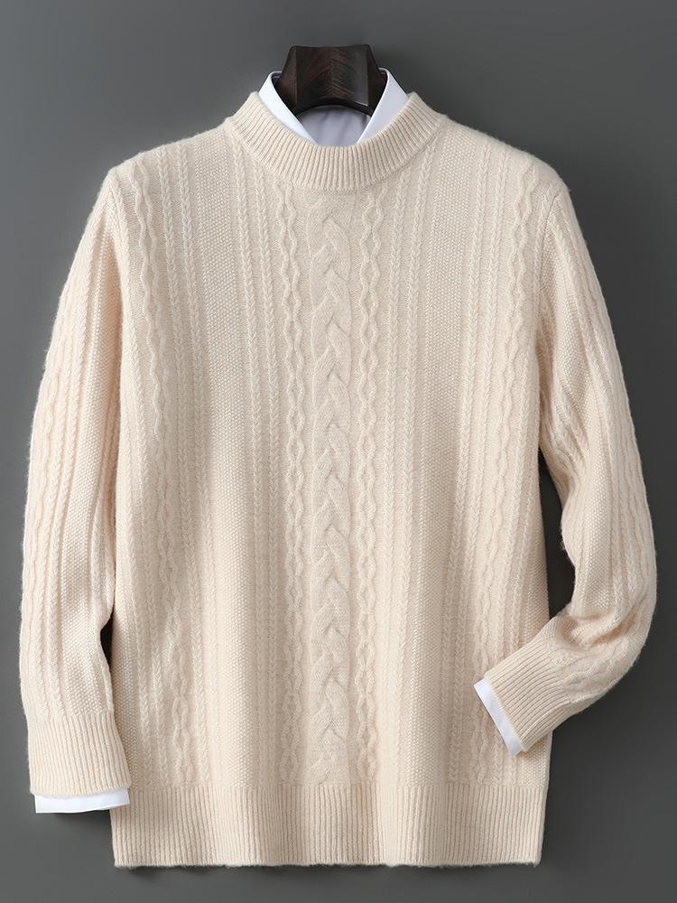 Men's Thick Half-High Collar Wool Sweater - Casual Loose Fit, 100% Pure Wool, Long Sleeve Pullover for Autumn & Winter