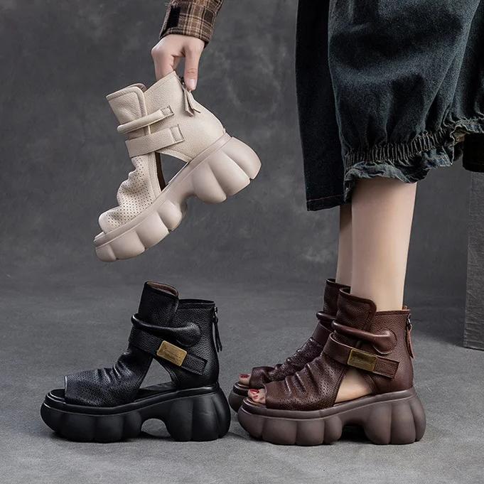 Johnature Thick Sole Height Increasing Retro Hollow-out Peep Toe Roman Sandals Versatile Women's Platform Shoes