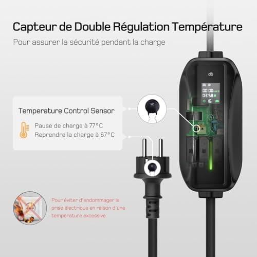 Dé Chargeur Voiture Electrique 3,68kW [6m, 6-8-10-13-16A] Cable Type 2 Recharge avec Affichage Numérique Contrôlable Compatible avec