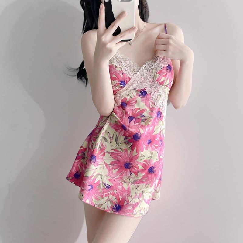 New Female Sexy Nightdress Ice Silk Suspender Thin Pajamas Spring and Summer Lace Lace Dress Live Supply