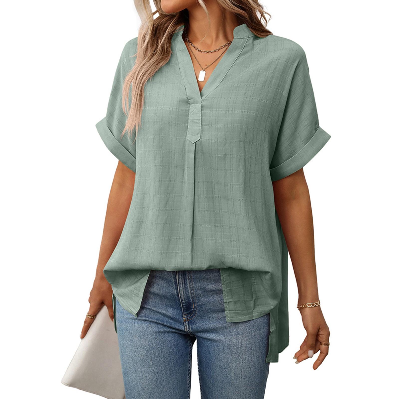 

Женская модная однотонная футболка с короткими рукавами и V-образным вырезом L зелёный