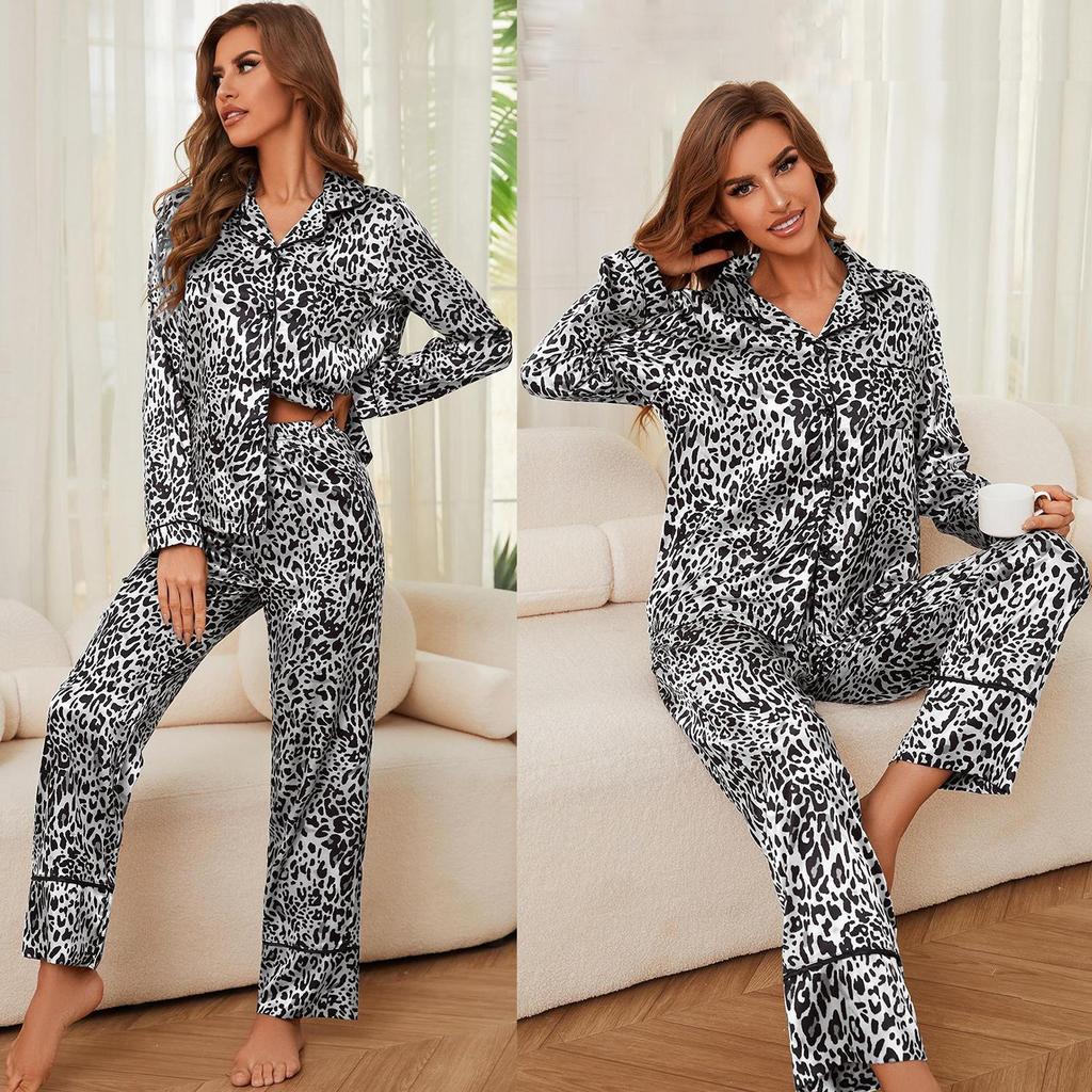Dámské leopardí pyžamo z imitace hedvábného saténu s dlouhým rukávem, košile a kalhoty, 2 kusy, luxusní sexy noční prádlo, ležérní domácí oblečení