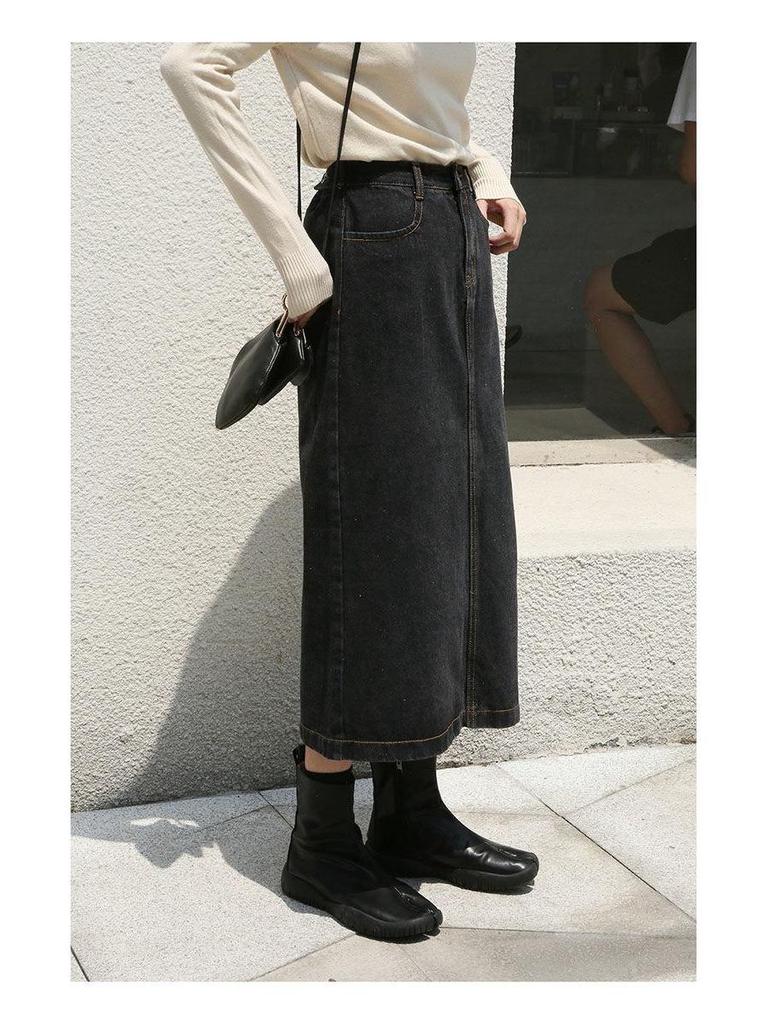 Retro Korean Style High-Waist Slimming Denim Midi Skirt with Split for Women