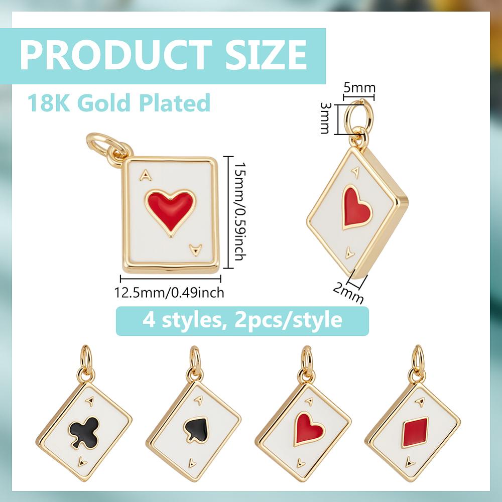 8Pcs 4 Styles Brass Enamel Charms with Jump Ring Cadmium Free & Lead Free Long-Lasting Plated Rack Plating Playing Card Charms Real 18K Gold Plated