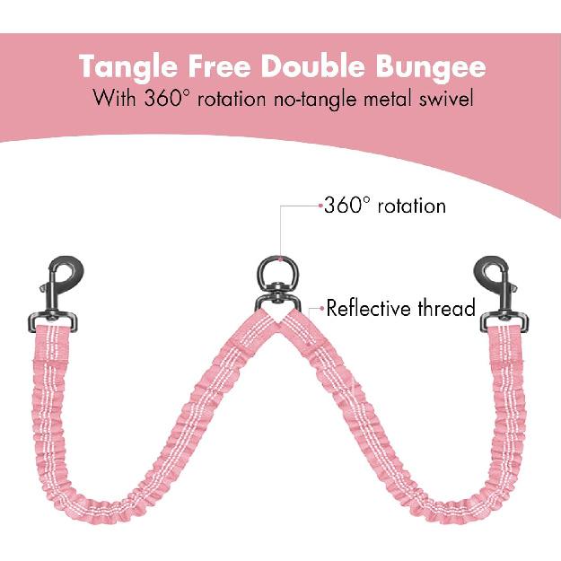 BAOBOTE Pet Double Dog Leash, Shock Absorbing Reflective Bungee Lead Walk 2 Dogs with Ease, 360° Swivel No Tangle Double Dog Walking & Training
