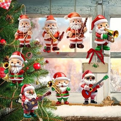 Vánoční ozdoba Santa Claus Roztomilý Santa hraje na kytaru/saxofon/trumpetu Hudební nástroj Akrylová ozdoba na vánoční stromeček Domácí párty dekorace
