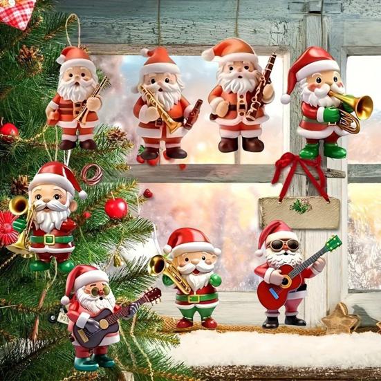 Santa Claus Christmas Ornament Cute Santa Plays Guitar/Sax/Trumpet Musical Instrument Acrylic Ornament for Christmas Tree Home Party Decor