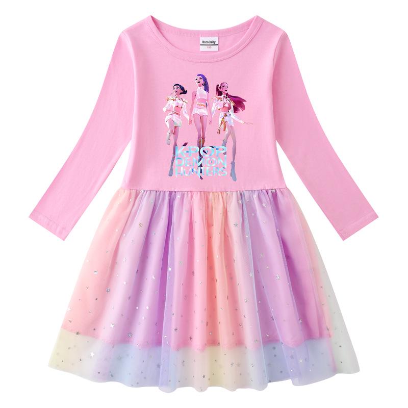 Vestito Corto a Maniche Corte Kpop Demon Slayer con Paillettes Arcobaleno e Rete – Primavera, Estate, Autunno