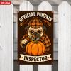 2D Flat, 1pc Pug Dog Detective Pumpkin Inspector Metal Sign Wall Art, Autumn Seasonal, Cute Puppy Examining Fruit, Funny Investigator Costume Graphic,