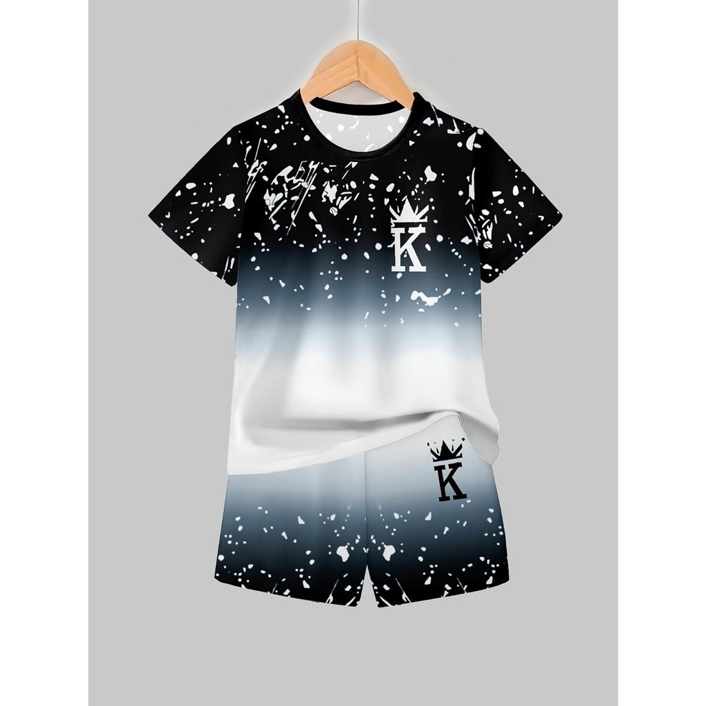 Boy Summer Thin Short-sleeved Shorts Suit Simple and Fashionable Classic Pattern 3D Printed Polyester Casual Sports Outdoor Set