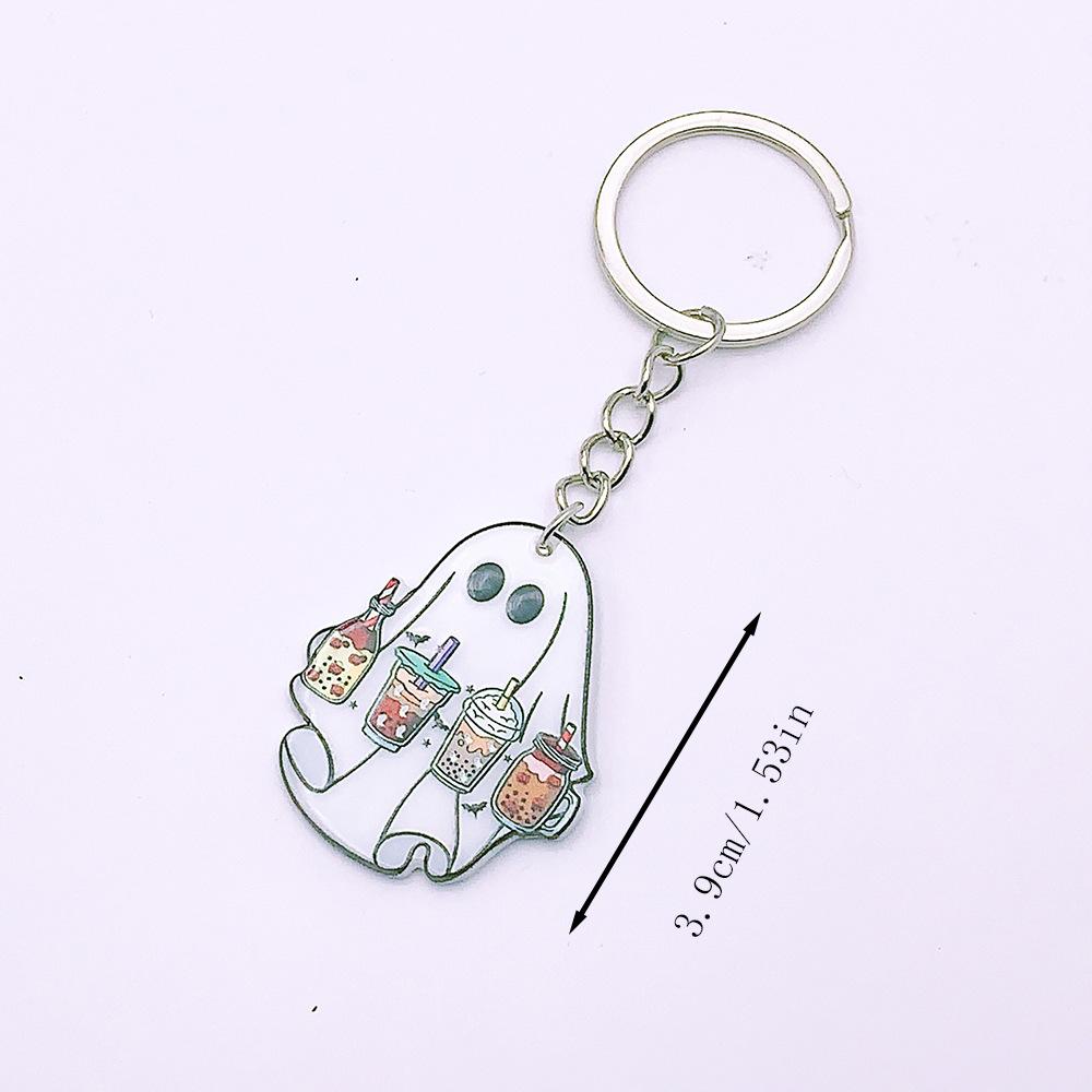 Double Sided Printed Acrylic Halloween Keychain Cartoon Ghost Pendant Charm Women Key Ring
