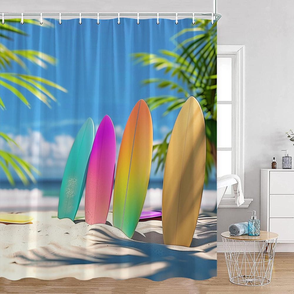 Camping Surf Duschvorhänge Sommerurlaub Reisender Wohnmobil Strand Kokospalmen Meerufer Badezimmerdekorationen Retro Badevorhänge