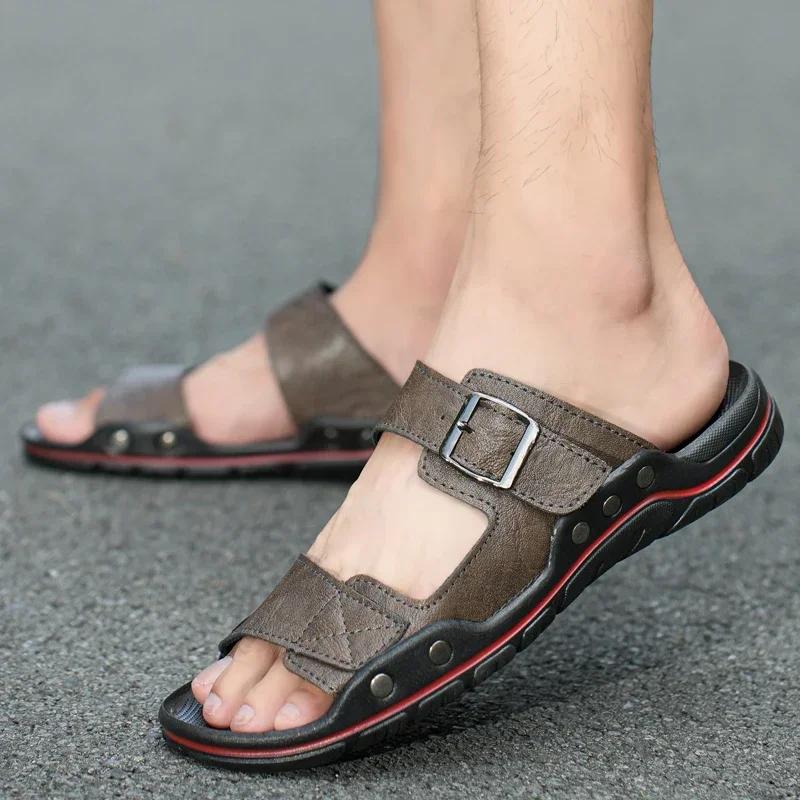 High Quality Casual Leather Sandals Men Comfy All-match Slipper 2025Summer Flat Designer Walking Shoes Beach Breathable Slippers