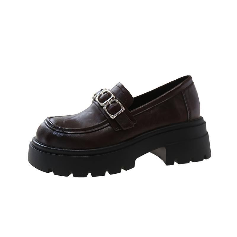 

Модные лоферы на толстом каблуке, женская мода, круглый носок, глубокий вырез, металлическая пряжка, водонепроницаемая платформа, мягкая подошва, нескользящая, одинарная обувь 35