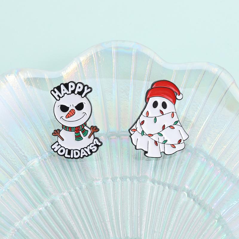 Happy Holidays Christmas Snowman Enamel Pins Halloween Ghost Santa Hat Brooches Lapel Badge Fashion Jewelry Gifts for Friends