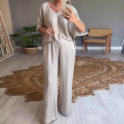 Women Wide Leg Trousers Suit Elegant Satin Top Wide Leg Pants Set for Women V Neck Blouse with Drawstring Waist Loose for Ladies
