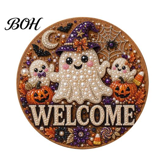 Beginner Friendly Door Sign Kit Halloween Faux Pearl Kit, Ghost Skull Skeleton Cat Welcome Decorative Painting Crafts Handmade Arts for Wall