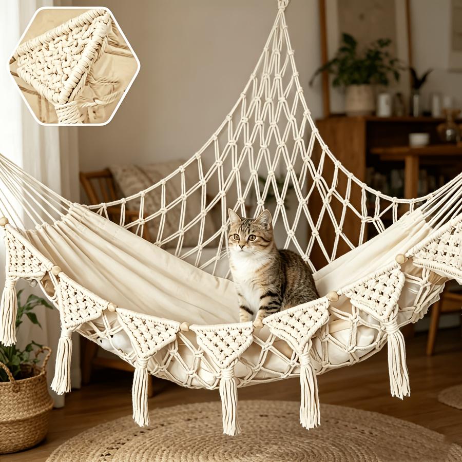 Langlegige Handgewebte Vinyl Katzen Hängematte Einfache Montage Wand Decke Haustier Schlafen Saison Komfort Ruhe Nest Innenkatzen Kätzchen beige