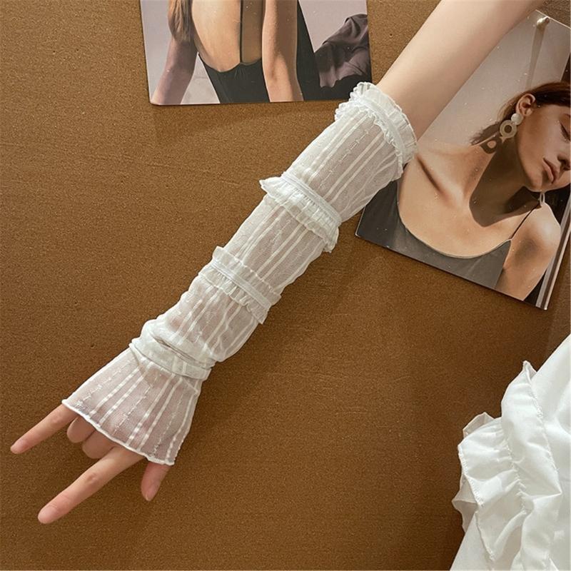 Sunproof Arm Sleeves Holiday Women Girl Arm Cover with Pleated Lace Trim Breathable Arm Cover for Holiday Driving