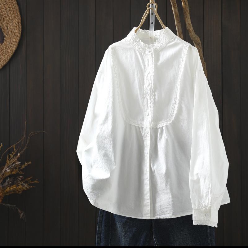 Женская весенняя белая рубашка из чистого хлопка с кружевом и стойкой воротником, универсальная - Стильная и омолаживающая, 2026 L (65-75 kg) белый