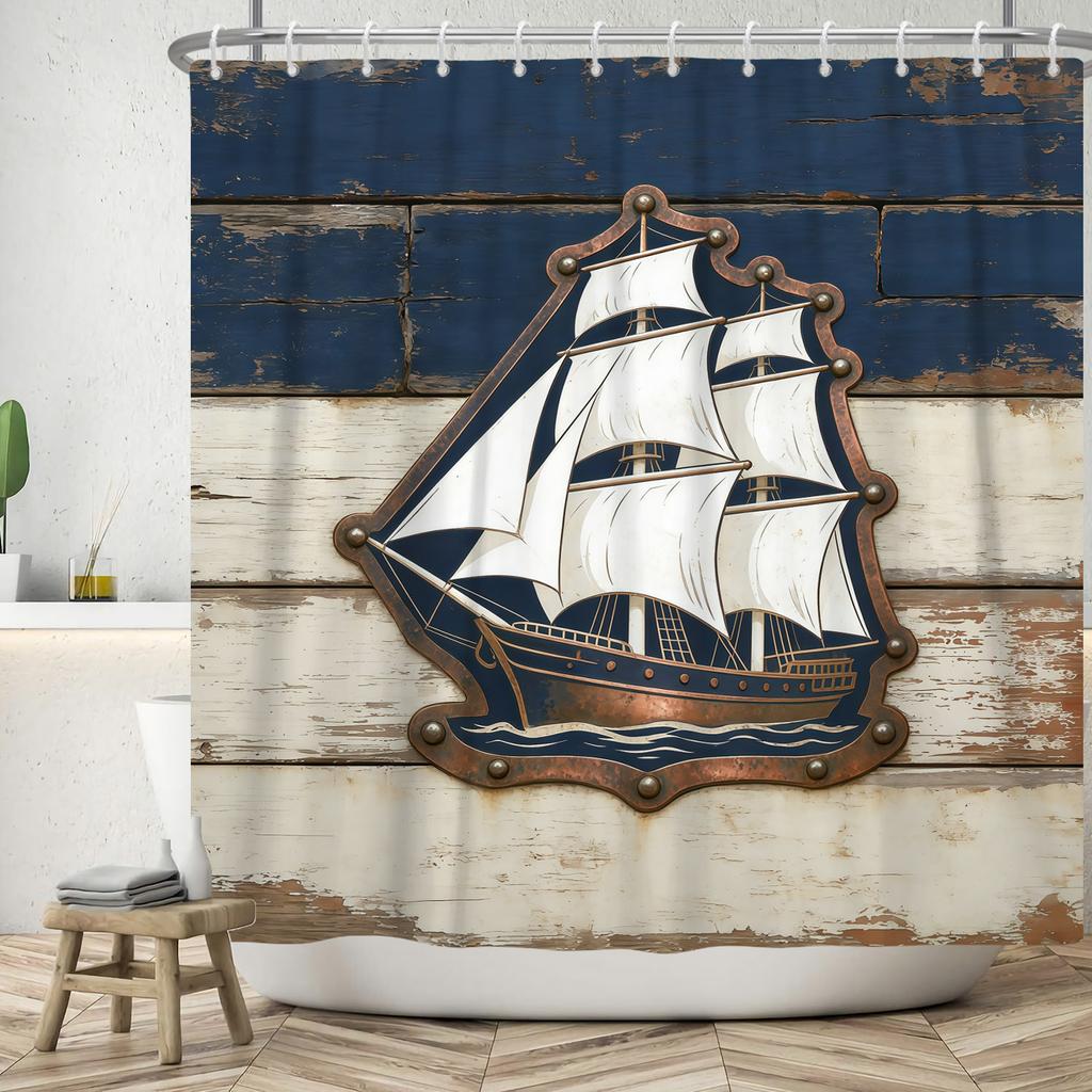 Nautical Theme Shower Curtain With Hooks Sailboat Anchor Seashells Starfish Waves Watercolour Art Modern Bathroom Curtain Decor