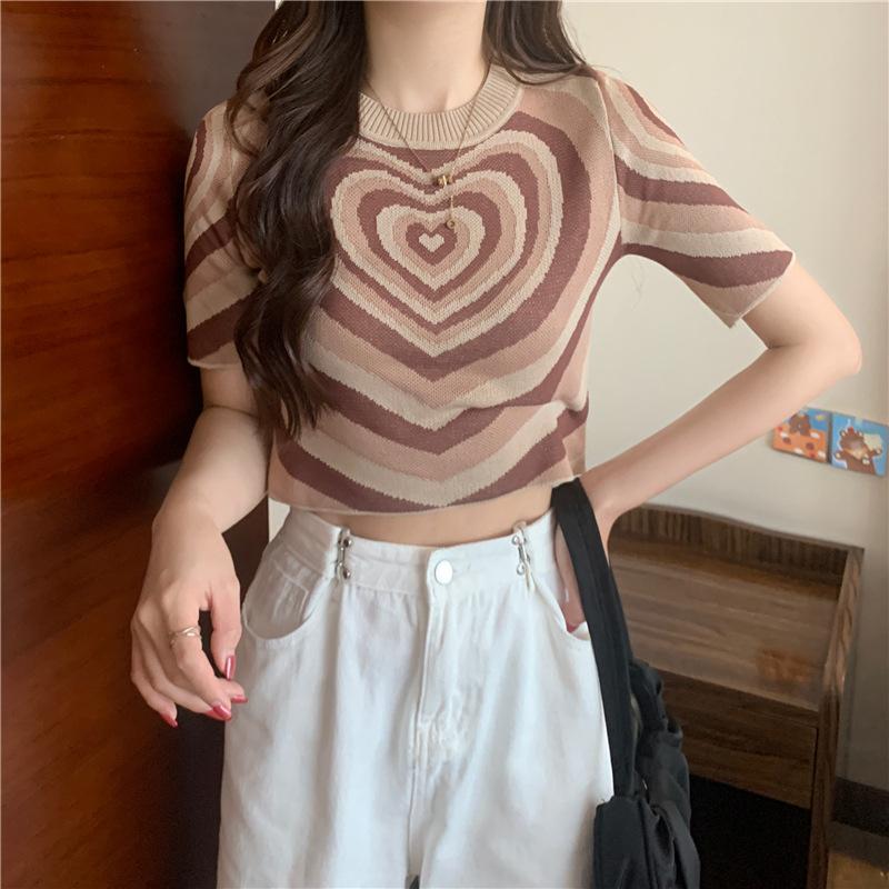 Fashion Knit Sweater Women Loose Slim Short Sleeve Love Top Summer Versatile Fashion Short Round Neck Womens Casual Essential Slim Fit Pullovers Tees
