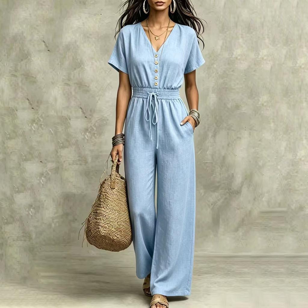 Women's V Neck Button Front Waist Belted Jumpsuit for Casual Wear