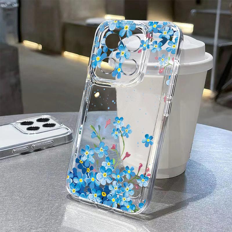 Blue Purple Flower Pattern Case For Xiaomi Redmi Note 15 Pro 4G Funda Redmi Note 14 13 Pro 5G Clear TPU Silicone Soft Cover