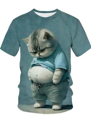Men's Funny Fat Cat Graphic T-Shirt Casual Crew Neck Short Sleeve Tee