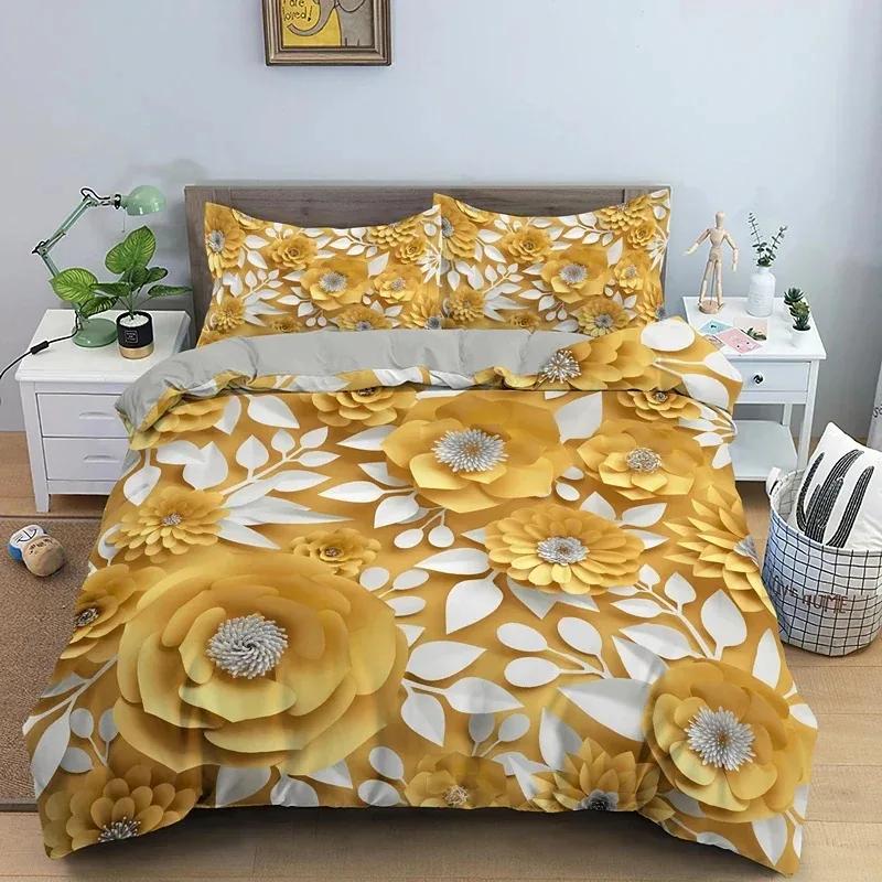 Blühende Blumen King Queen Bettbezug Rote Granatapfelblüte Bettwäscheset für Frauen Lieblich Floral 2/3-teilig Polyester Steppdeckenbezug