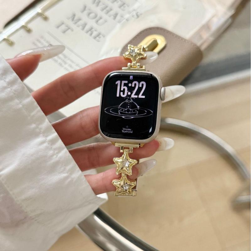 Luxury Diamond Strap for Apple Watch Bands S10 8 9 SE 7 6 Star Leather Women Wristband for iWatch 45 42 46 49 41 44 Ultra 46mm