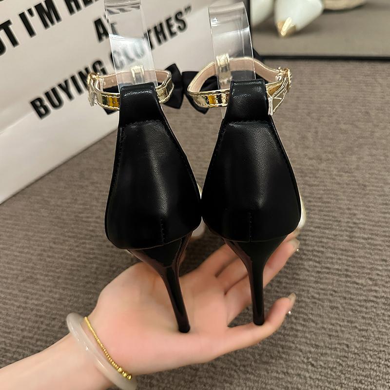 9CM Spring/Summer New Pointed Hollow Bow T-Belt Single Shoes Thin High Heel Banquet Dress Versatile Metal Head Women's Sandals
