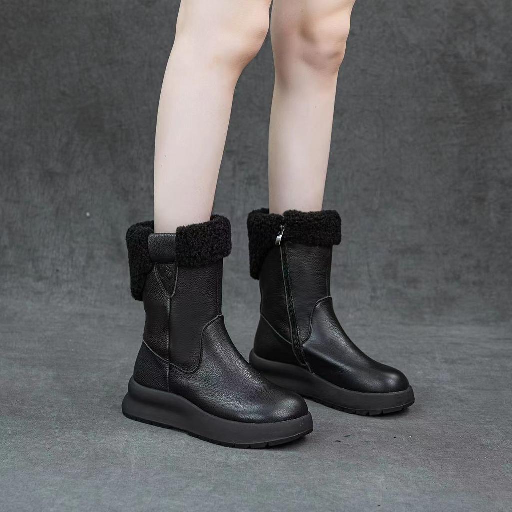 Winter Snow Boots Leather Plush Warm Solid Color Thick Sole Women's Mid-calf Short Boots