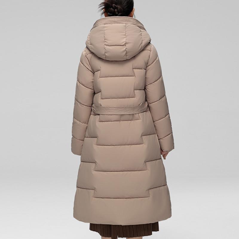 Vinter Dam Lång Dunbomullsjacka med Bälte Tjock Varm Lyxig Slim Huva Parka Kappa