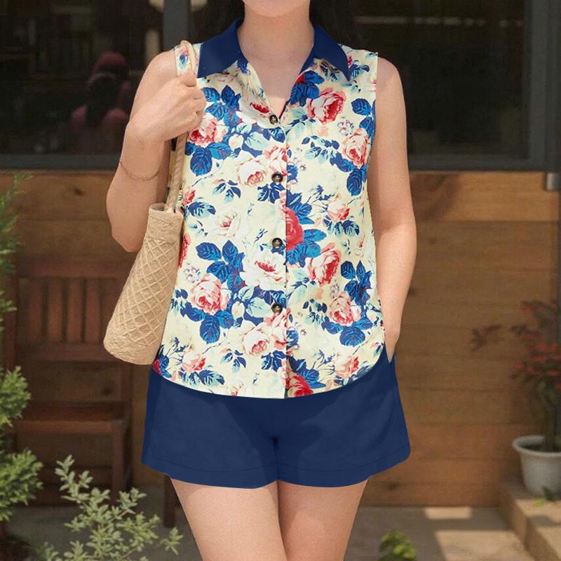 

ZANZEA Women Floral Print Tank Tops and Shorts Summer Two Piece Suit Sets 5XL Темно-синій