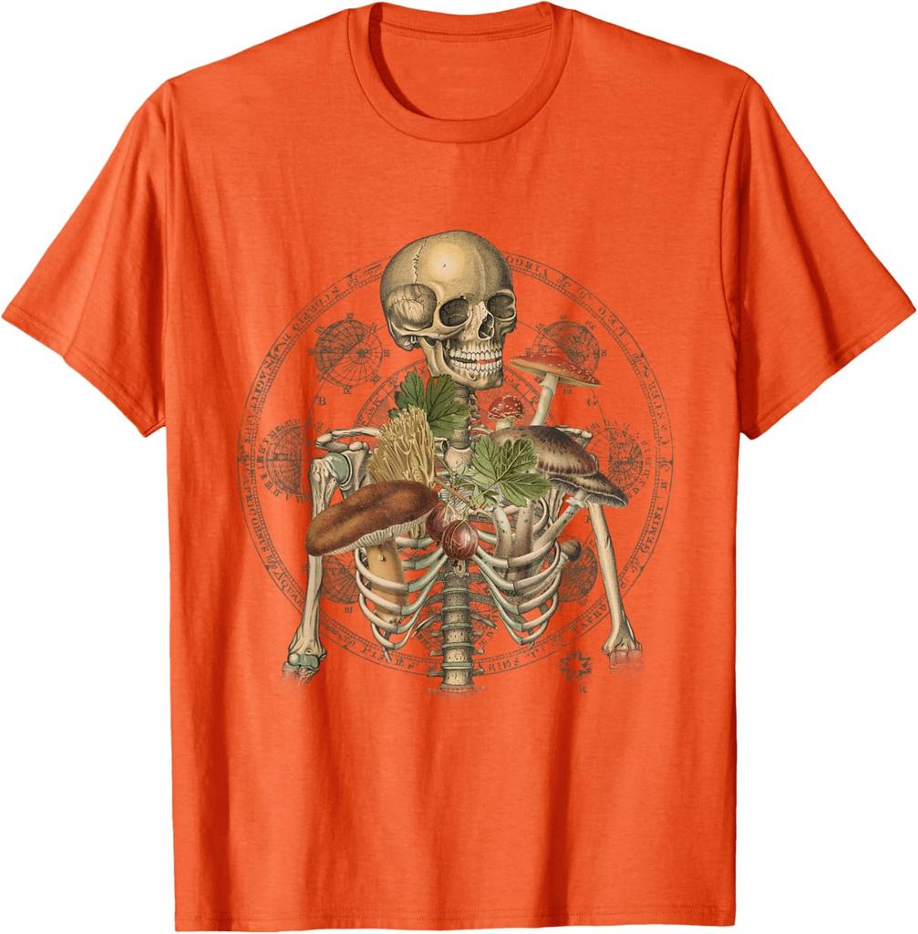 Skeleton With Mushrooms Goblincore Mycologist Fungi Graphic Tee Cotton Casual Trip T-Shirt