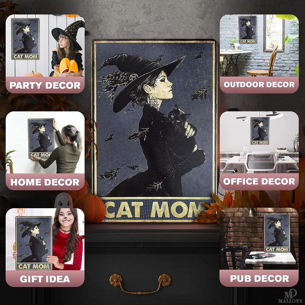 Cat Decor for Cat Lovers Metal Sign - Witch Cat Mom Metal Wall Art Tin Sign Indoor Halloween Decor Outdoor Black Cat