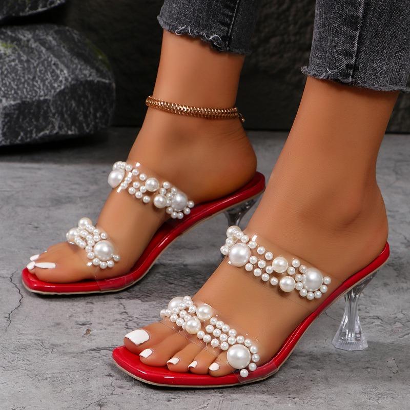 Fashion Women's Stiletto Sandals Summer New Square Head Pearl Transparent Strap Set Foot Anti-slip Wear-resistant High Heels